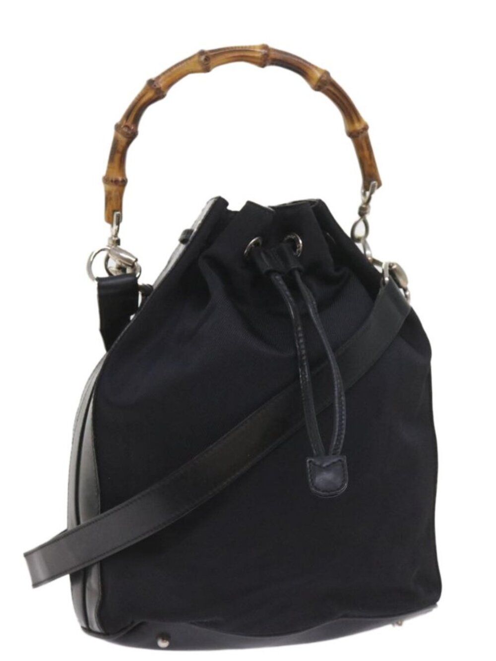GUCCI Bamboo Shoulder Bag Nylon 2way Black Auth bs9976